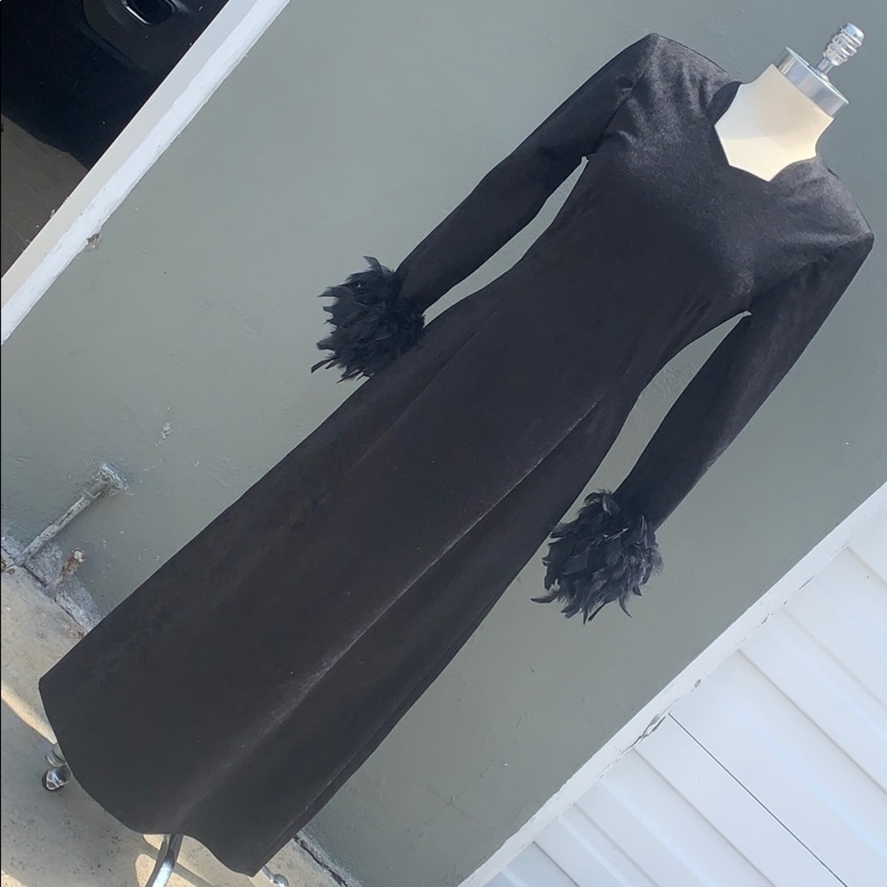 Vintage black velvet evening dress with feathers